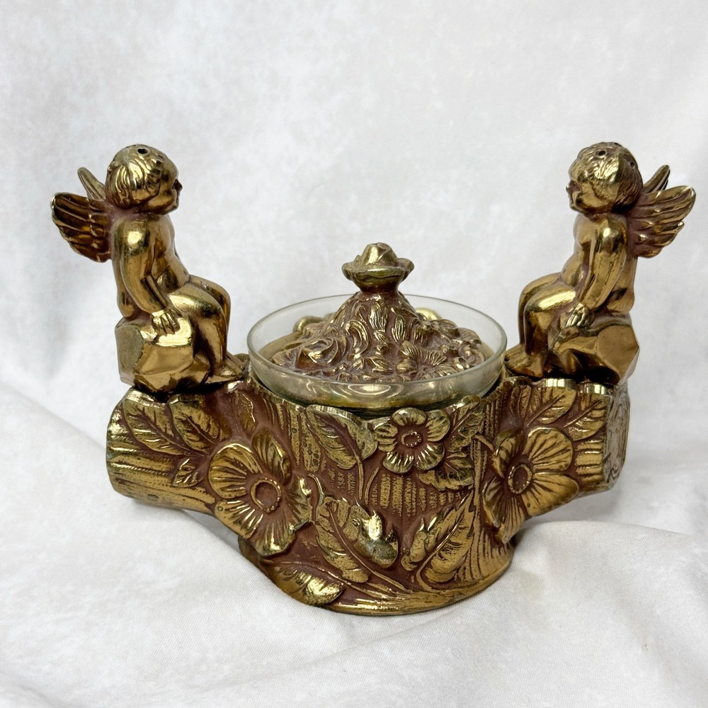 VINTAGE Cherub Shakers with Covered Salt Cellar on Floral Branch Stand PAT 07682